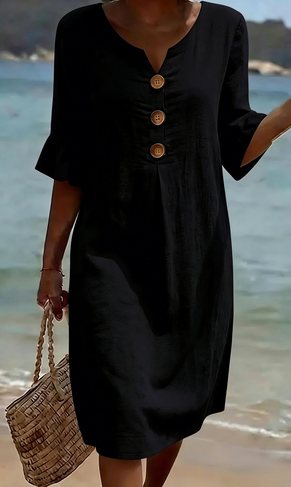 Damen Baumwoll Leinen Kleid Rüschenärmel Knöpfe Midi - Image 5