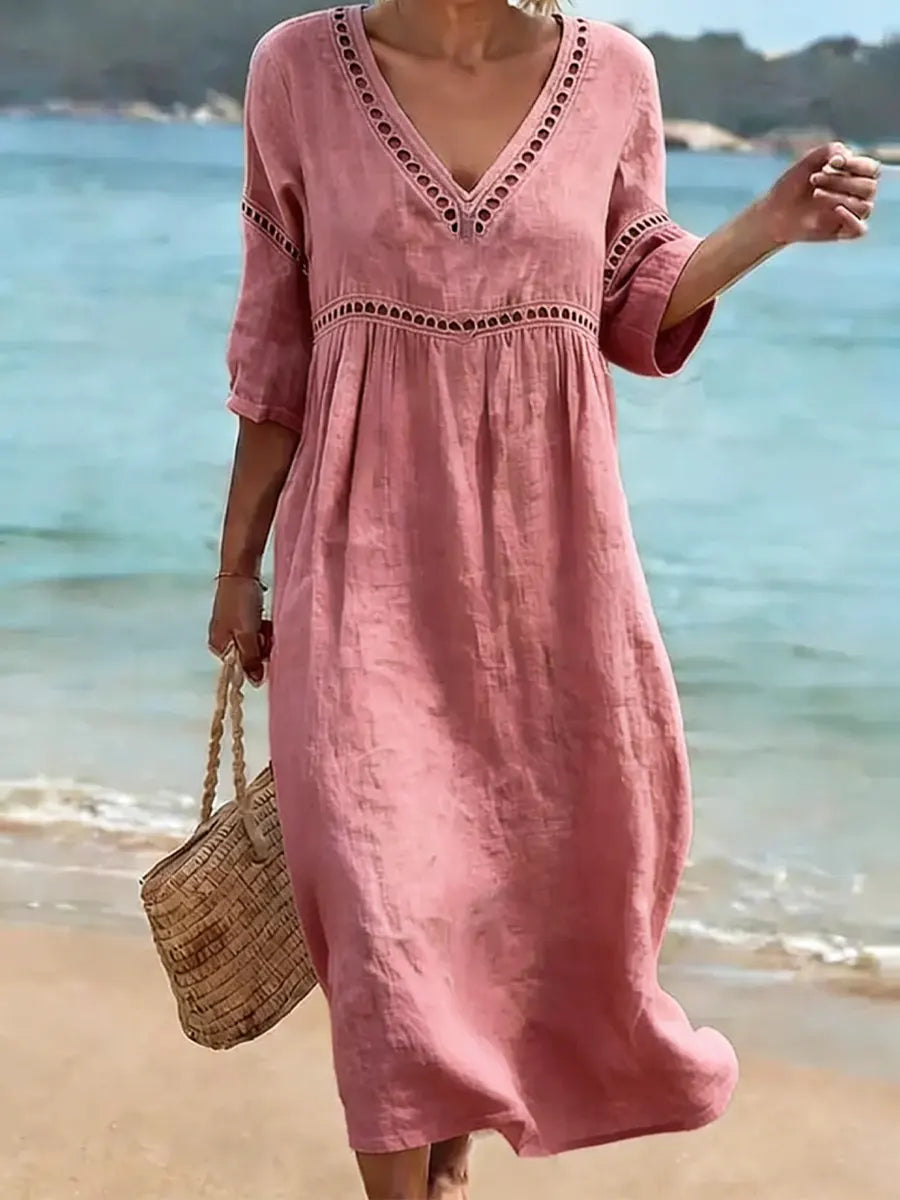Damen Baumwollkleid V-Ausschnitt Fließend Midi - Image 6