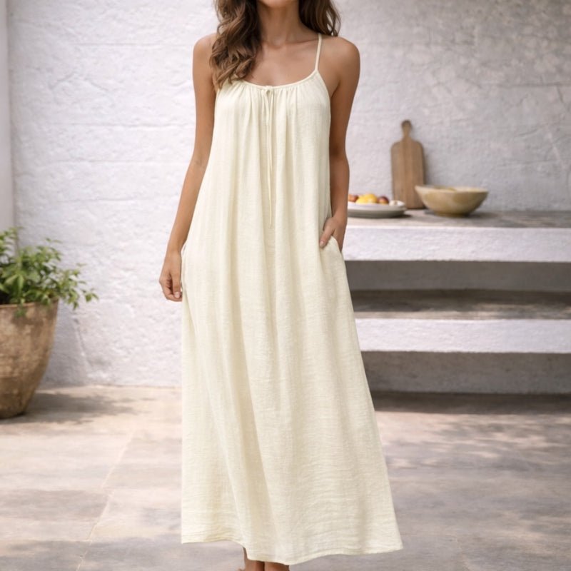 Women Linen Maxi Dress Spaghetti Strap Open Back Summer - Image 13