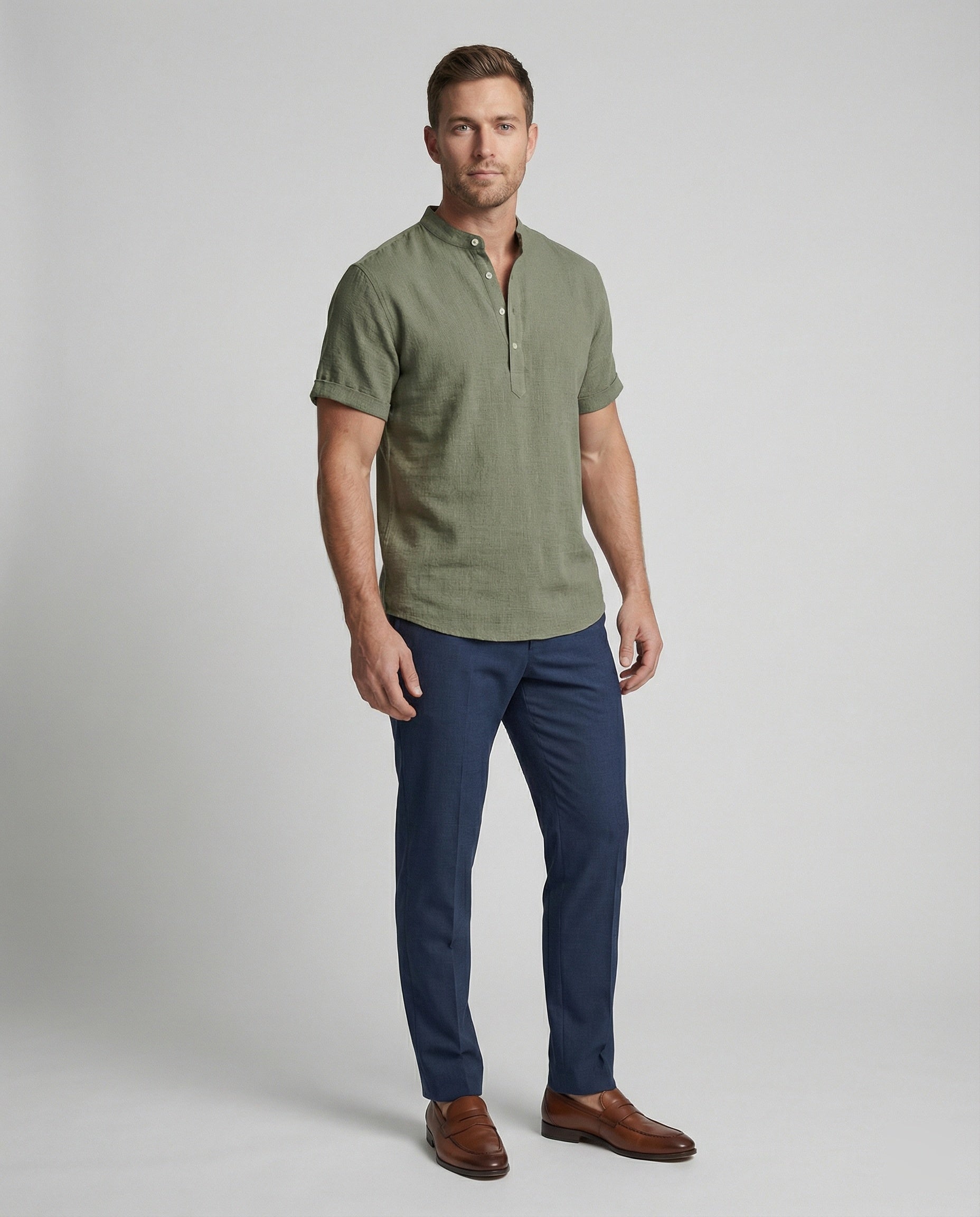 Men's Linen Band Collar Short Sleeve Shirt