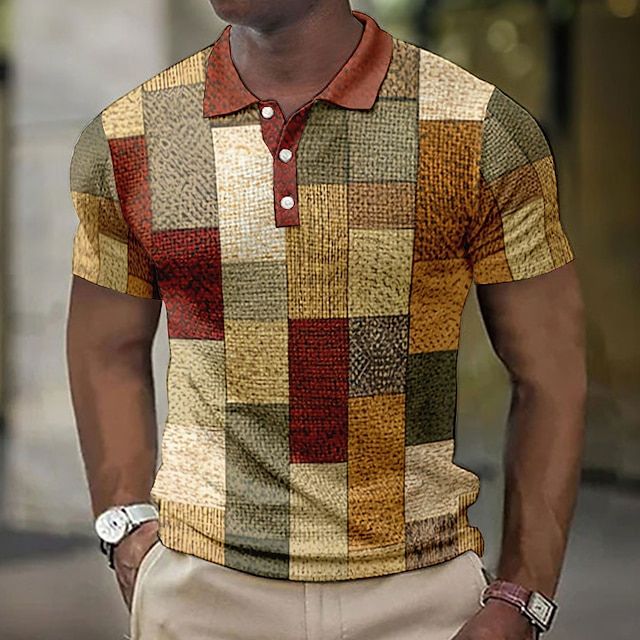 Herren Kariertes Patchwork Poloshirt Sommer