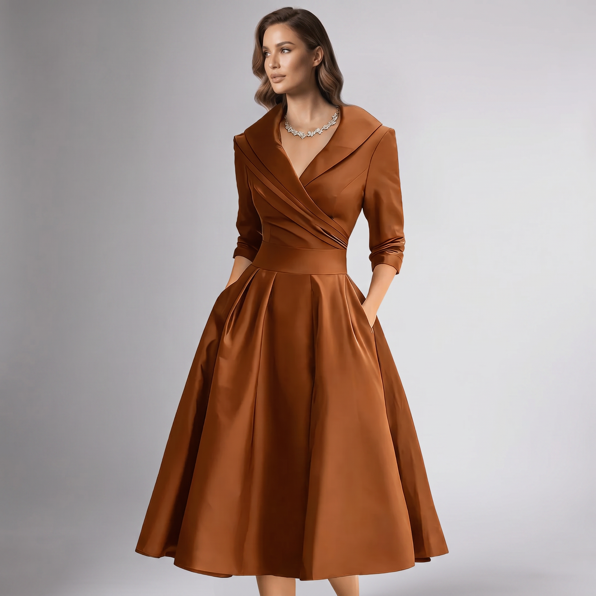 Women Draped Collar A-Line Midi Dress with Pockets - Image 11