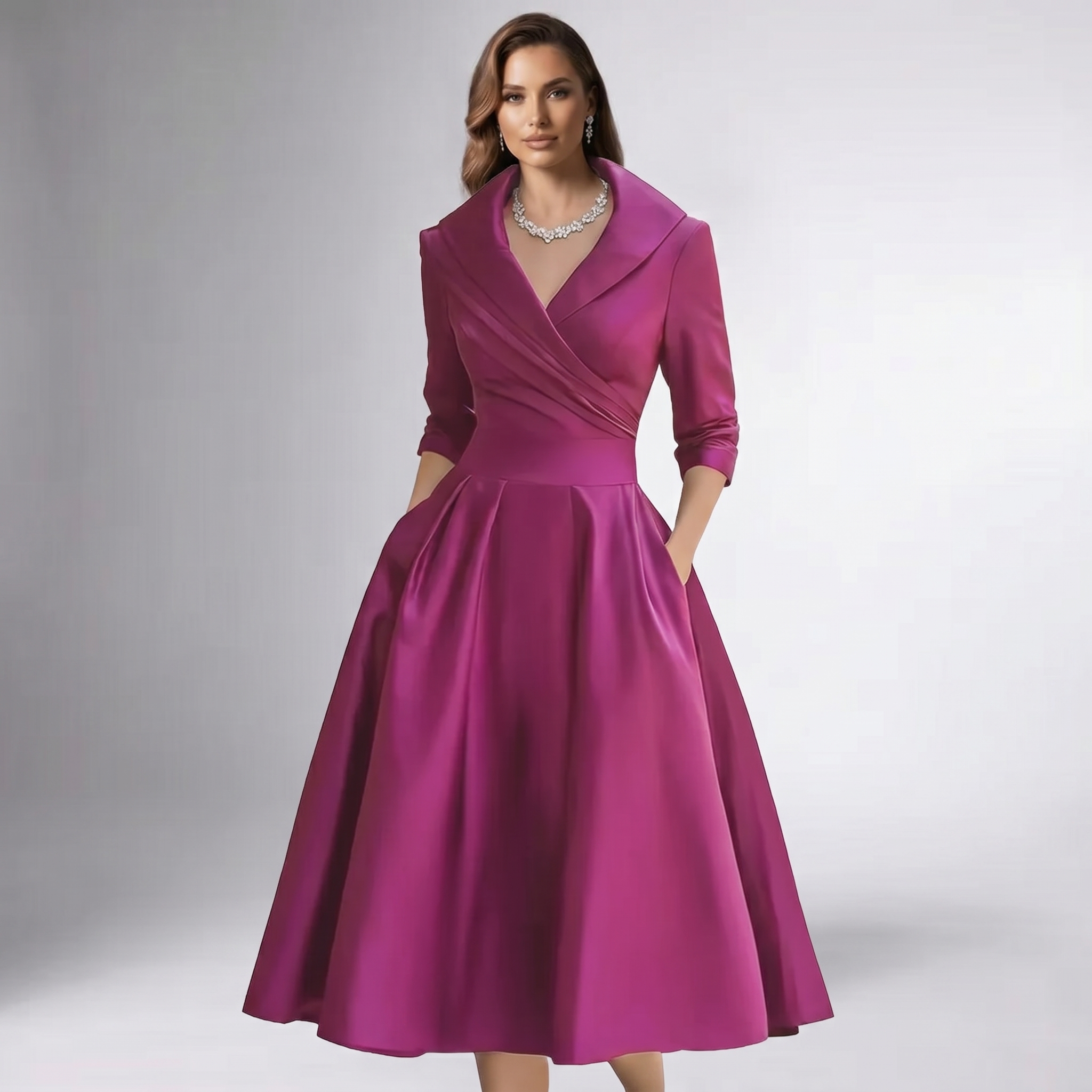 Women Draped Collar A-Line Midi Dress with Pockets - Image 14