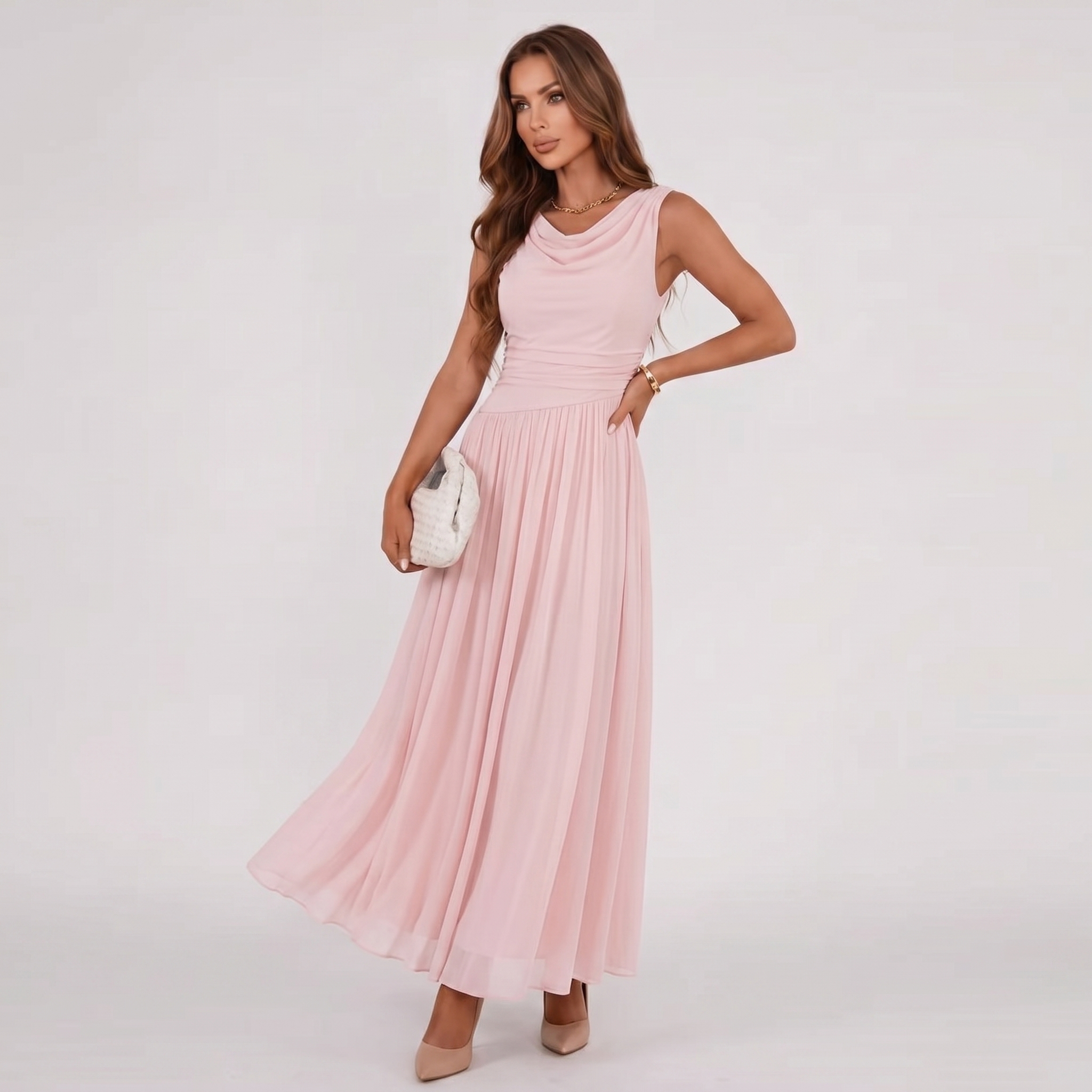 Damen Plisseekleid Festliches Midi-Kleid Drapierter Ausschnitt - Image 10