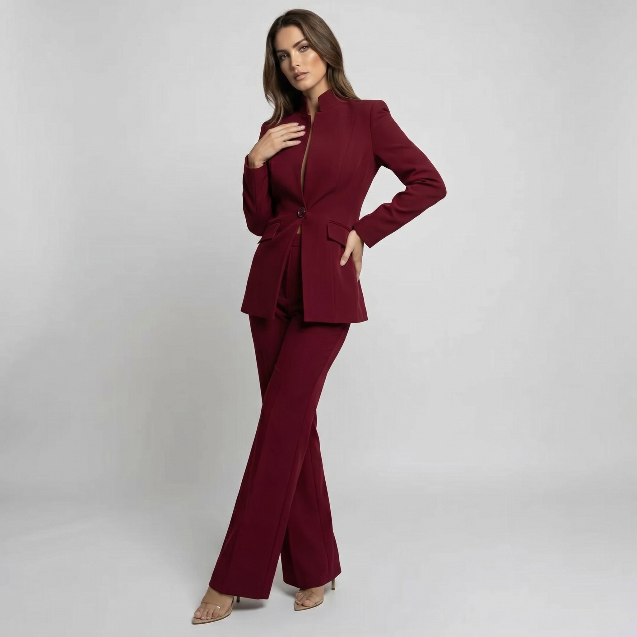Women High Collar Blazer Trouser Set Tailored Wide Leg - Image 6