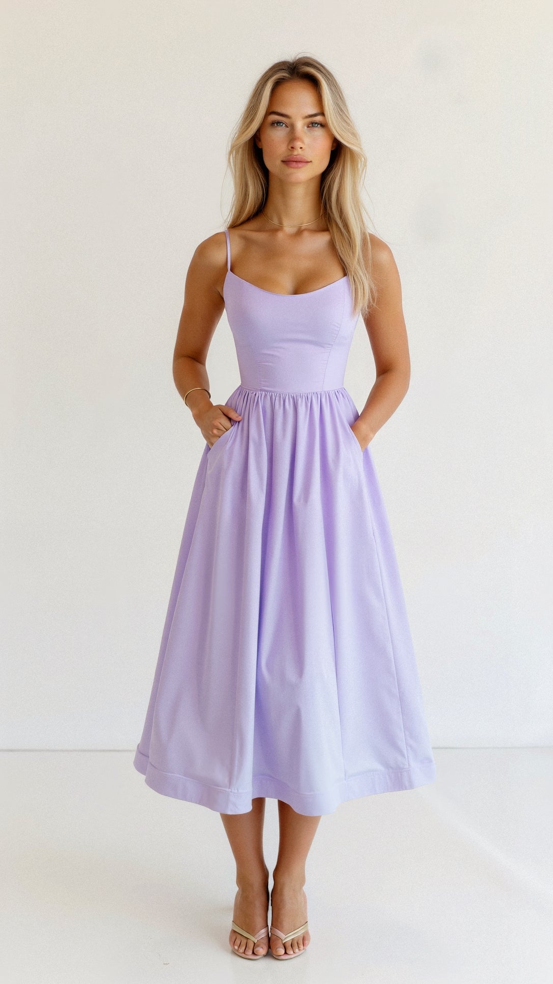 Damen Midi A-Linien Kleid Spaghettiträger Klassisch - Image 3