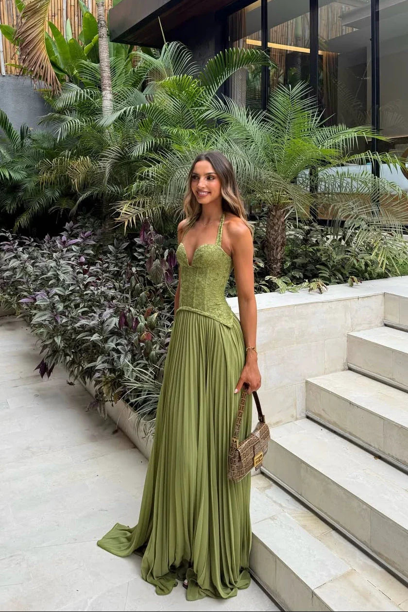 Damen Maxikleid Plissee Korsett Grün