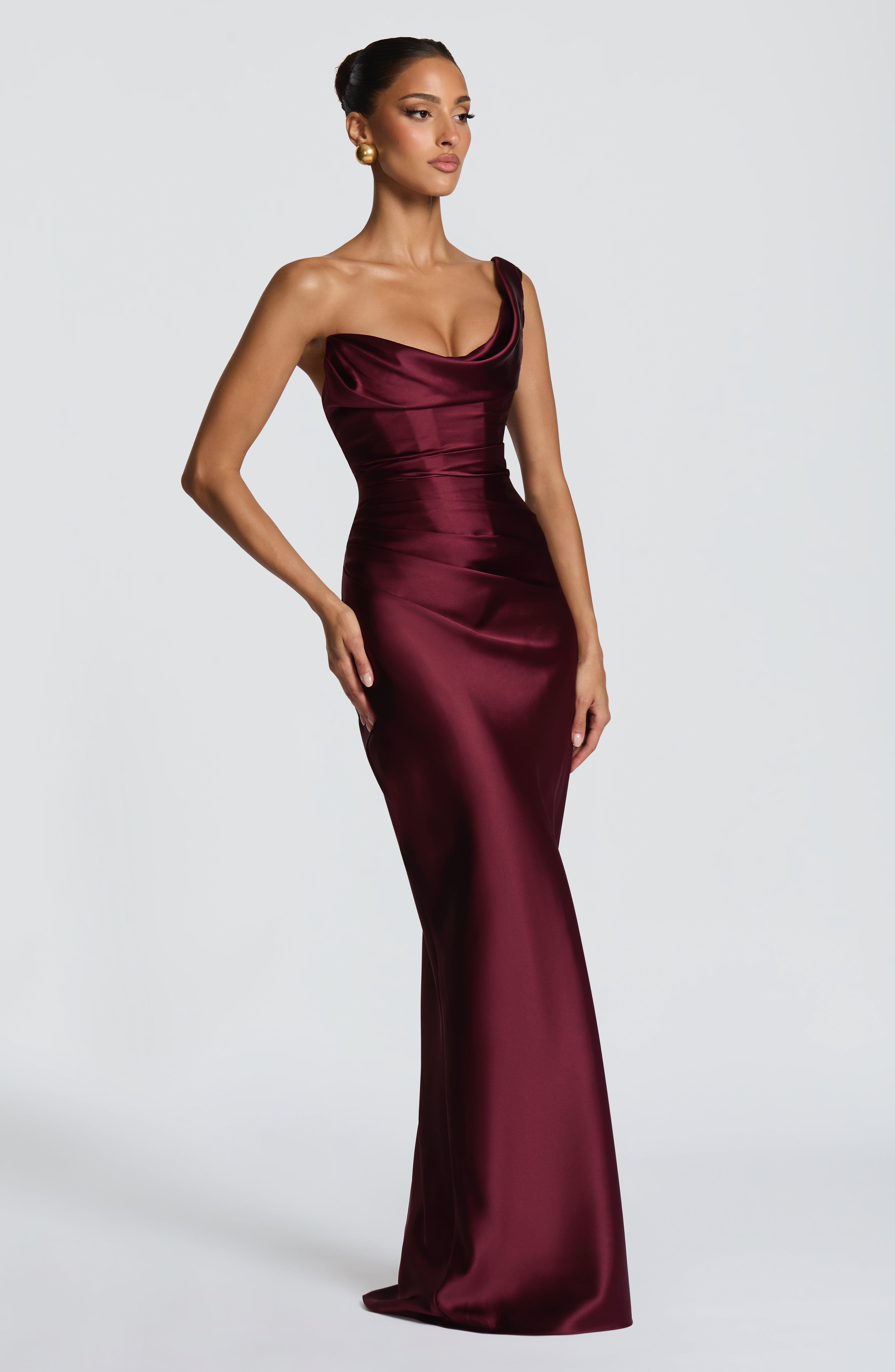 Damen Satin Maxikleid Ein-Schulter Korsett Abendkleid Lang - Image 4