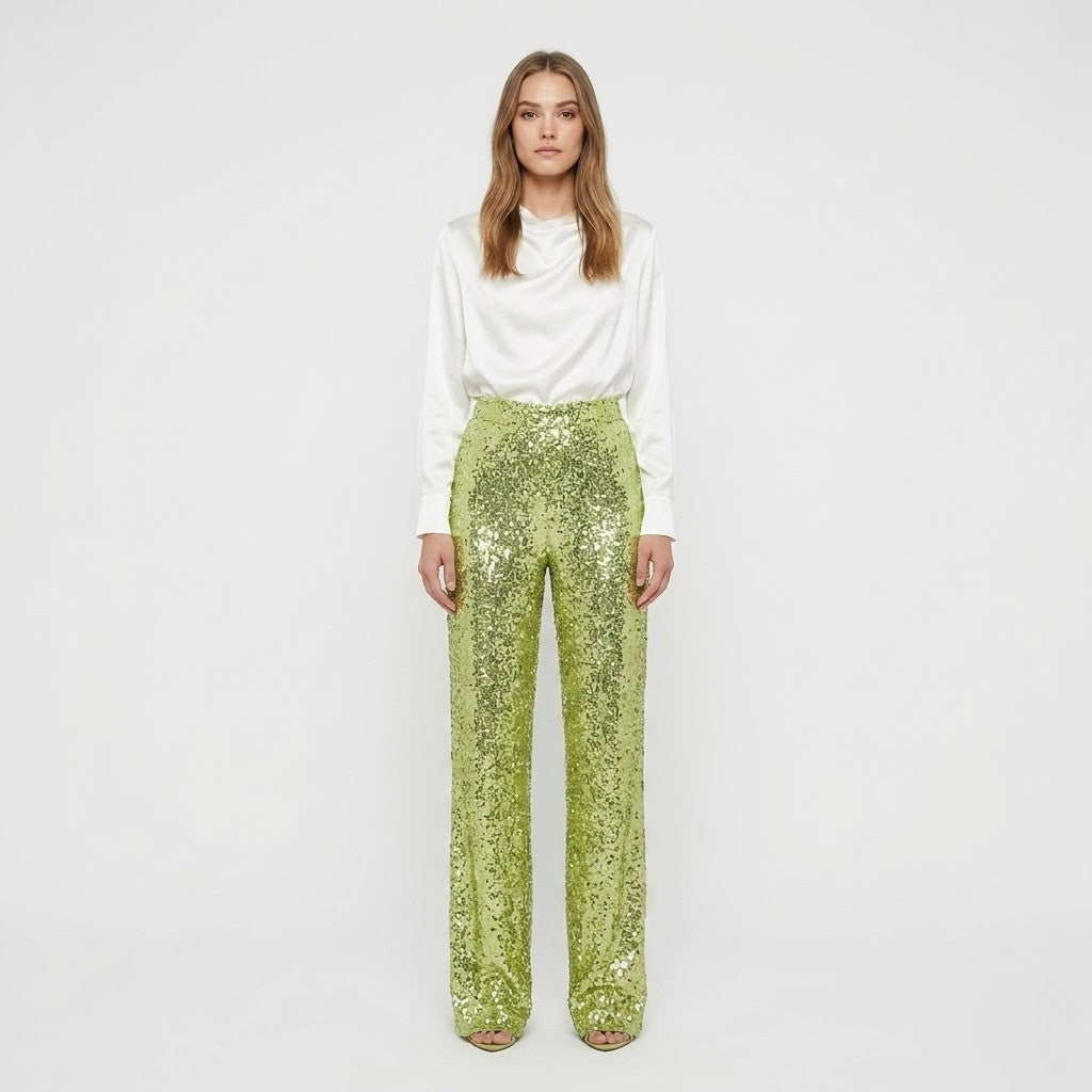 Damen Paillettenhose Gerade Partyhose Glitzer
