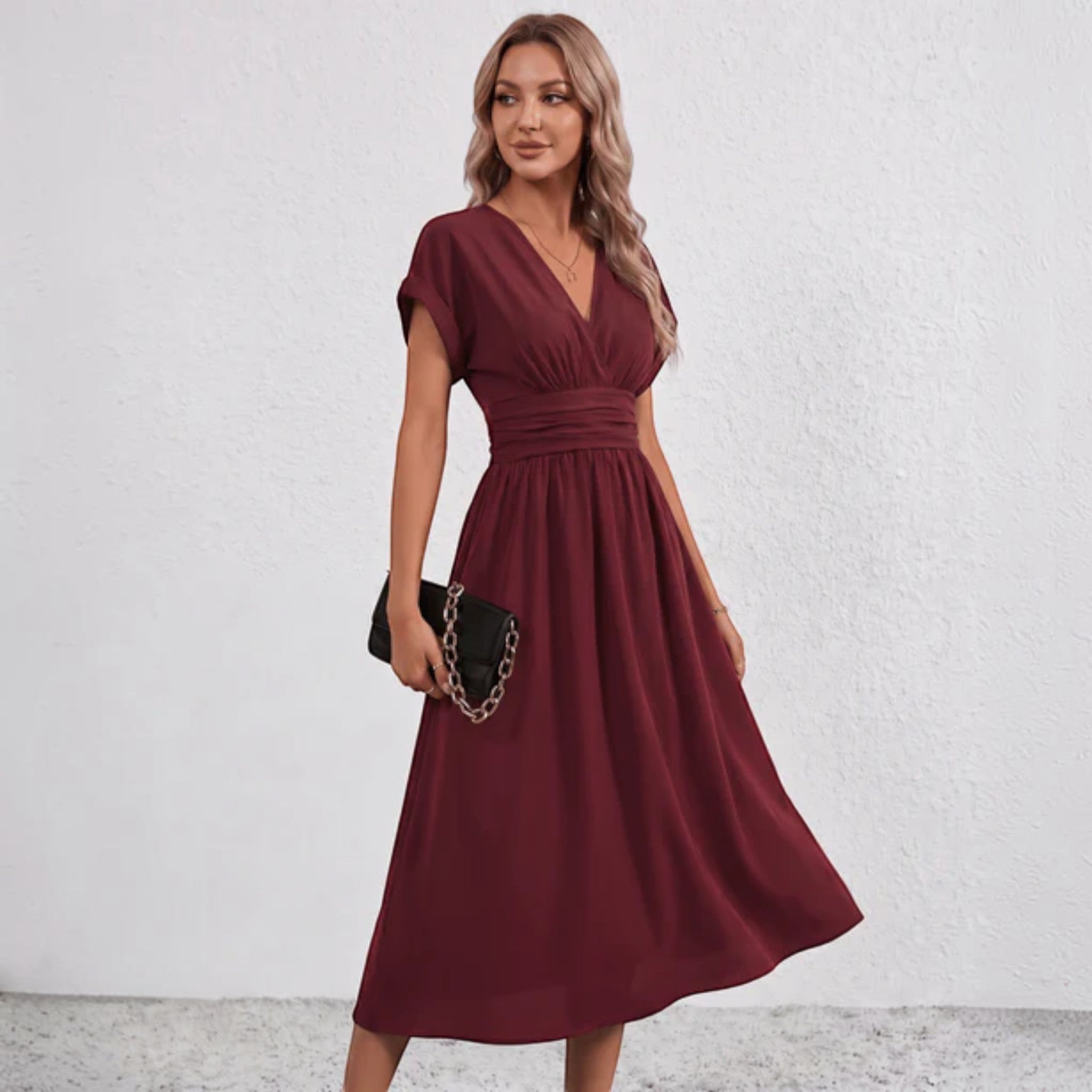 Women V-Neck Ruched Waist Fit Flare Wedding Guest Midi Dress - Image 19