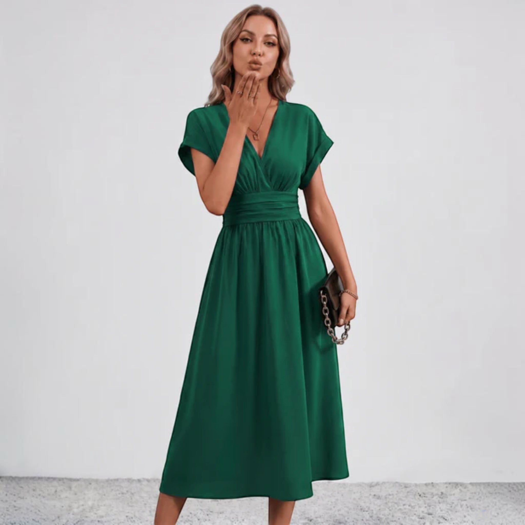 Women V-Neck Ruched Waist Fit Flare Wedding Guest Midi Dress - Image 4