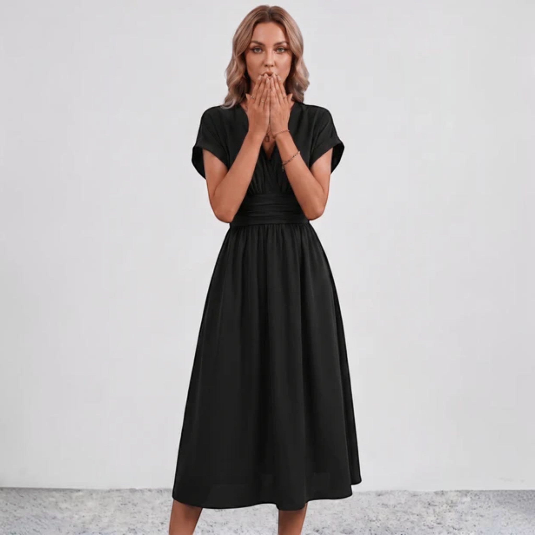 Women V-Neck Ruched Waist Fit Flare Wedding Guest Midi Dress - Image 7