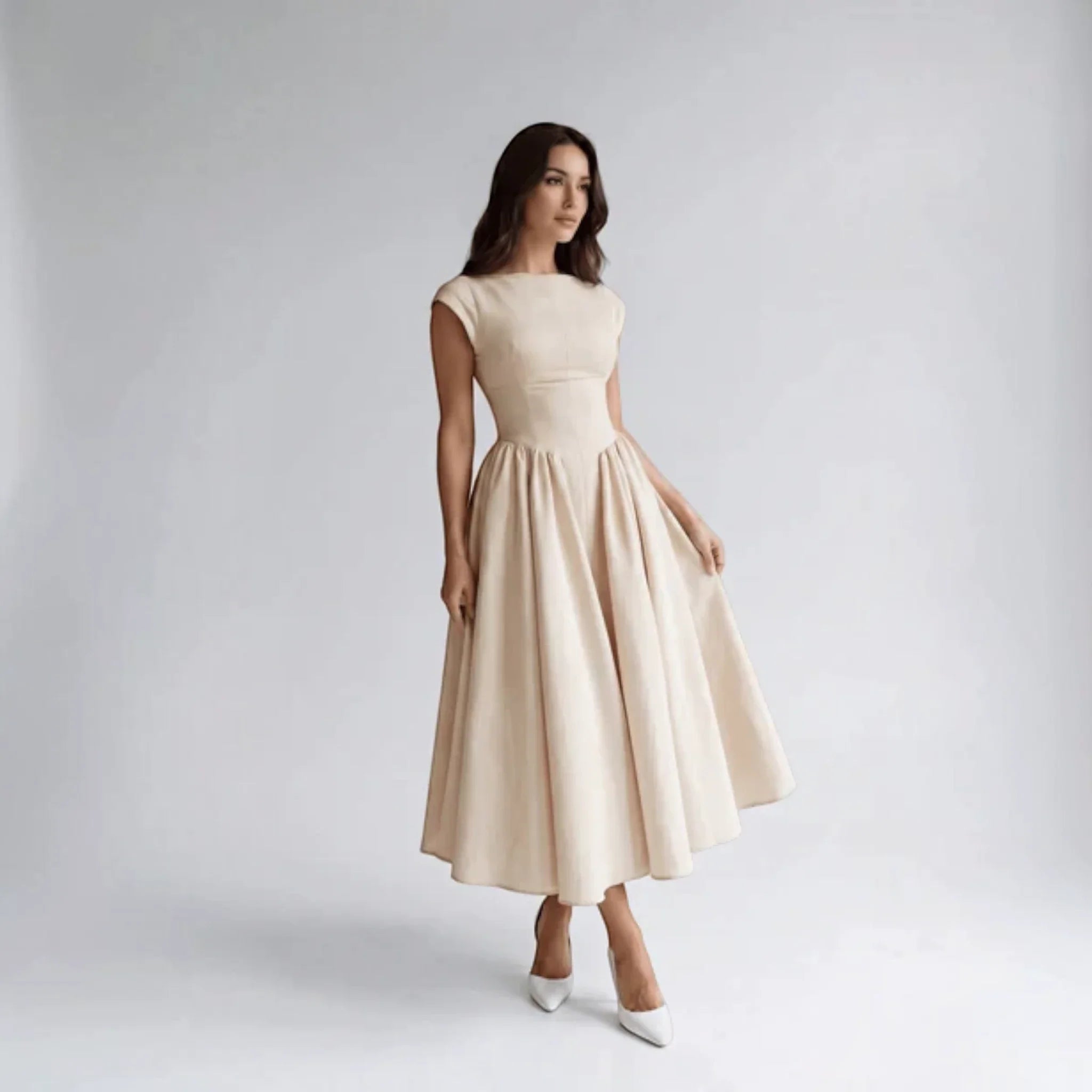 Damen A-Linien Midi-Kleid ärmellos Hochzeitsgast festlich