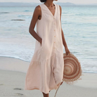 Damen Sommerkleid V-Ausschnitt Midi ärmellos Knopfleiste