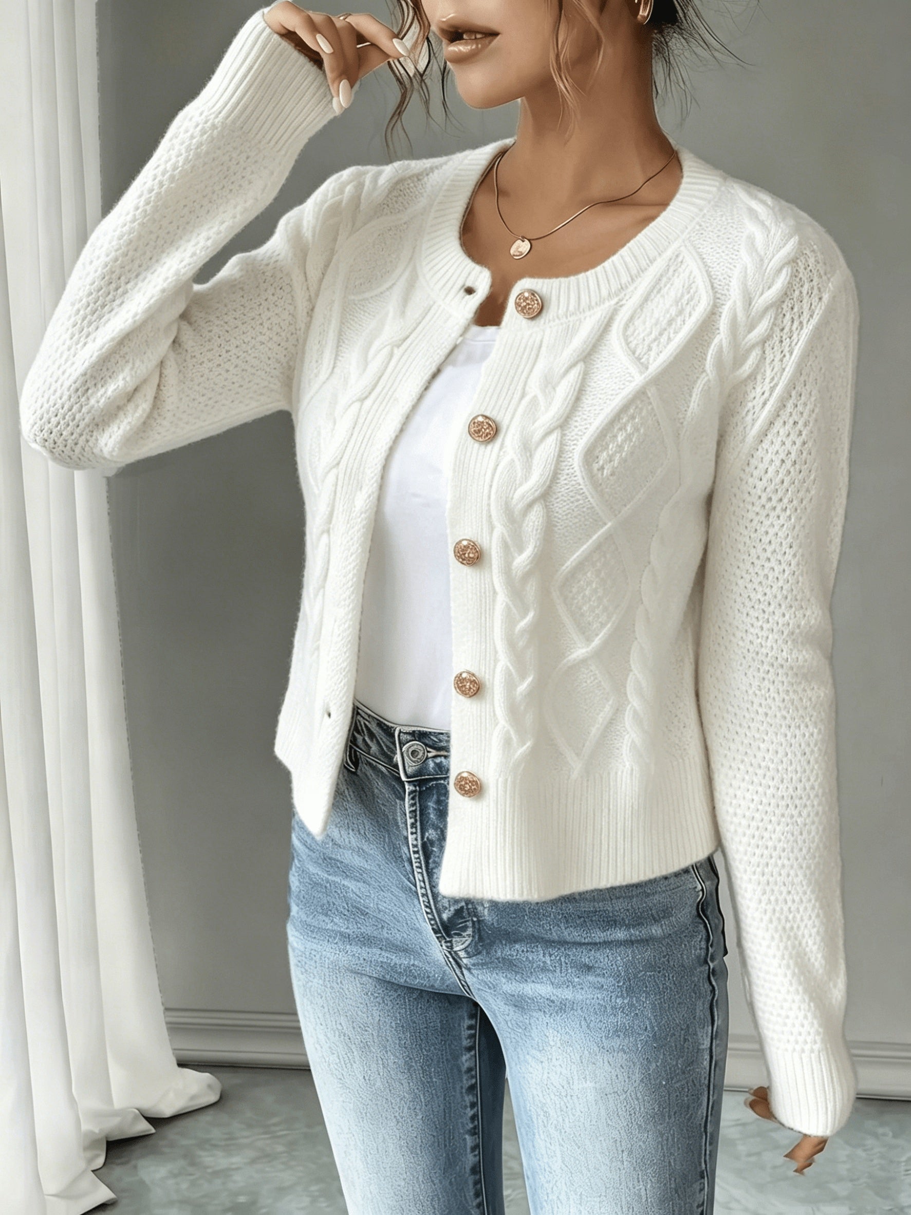 Damen Kabelstrick Strickjacke Knöpfe - Image 33