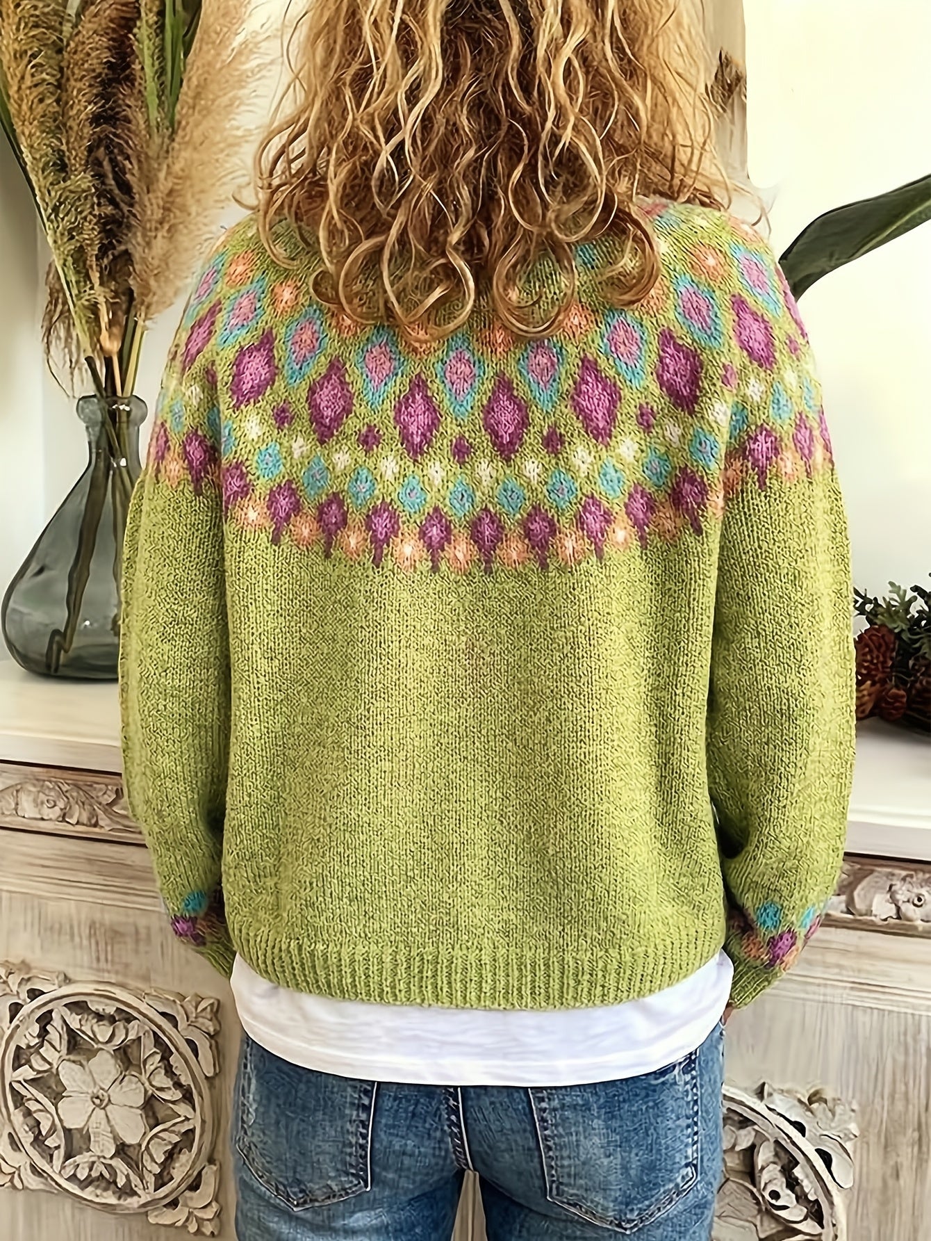 Damen Boho Strickjacke Bestickter Cardigan V-Ausschnitt - Image 7