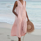 Damen Sommerkleid V-Ausschnitt Midi ärmellos Knopfleiste - Image 4