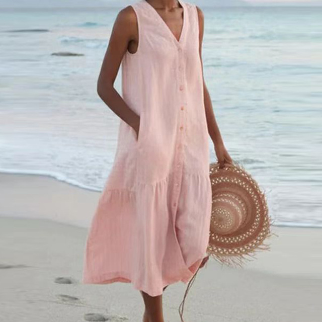 Damen Sommerkleid V-Ausschnitt Midi ärmellos Knopfleiste - Image 4