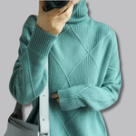 Pulover cu guler înalt pentru femei, cu model în carouri, din tricot fin