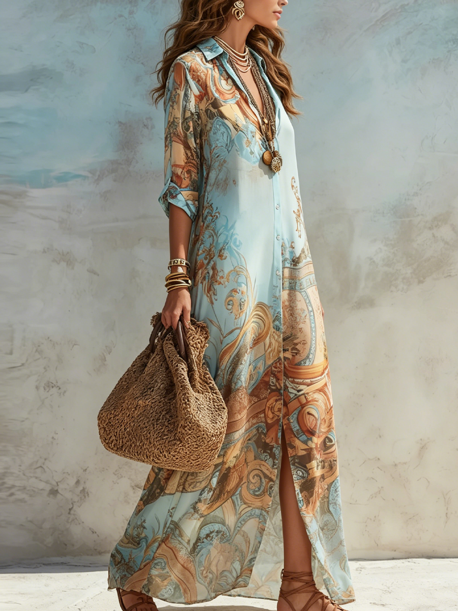 Women Chiffon Printed Maxi Shirtdress Summer - Image 2