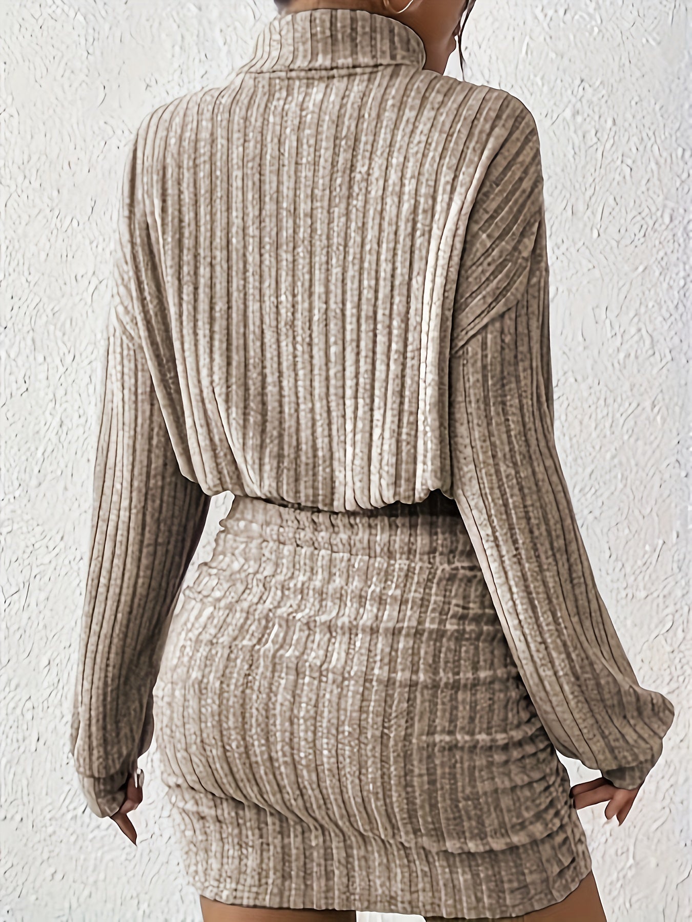Damen Geripptes Langarmkleid Strickkleid Midi - Image 3