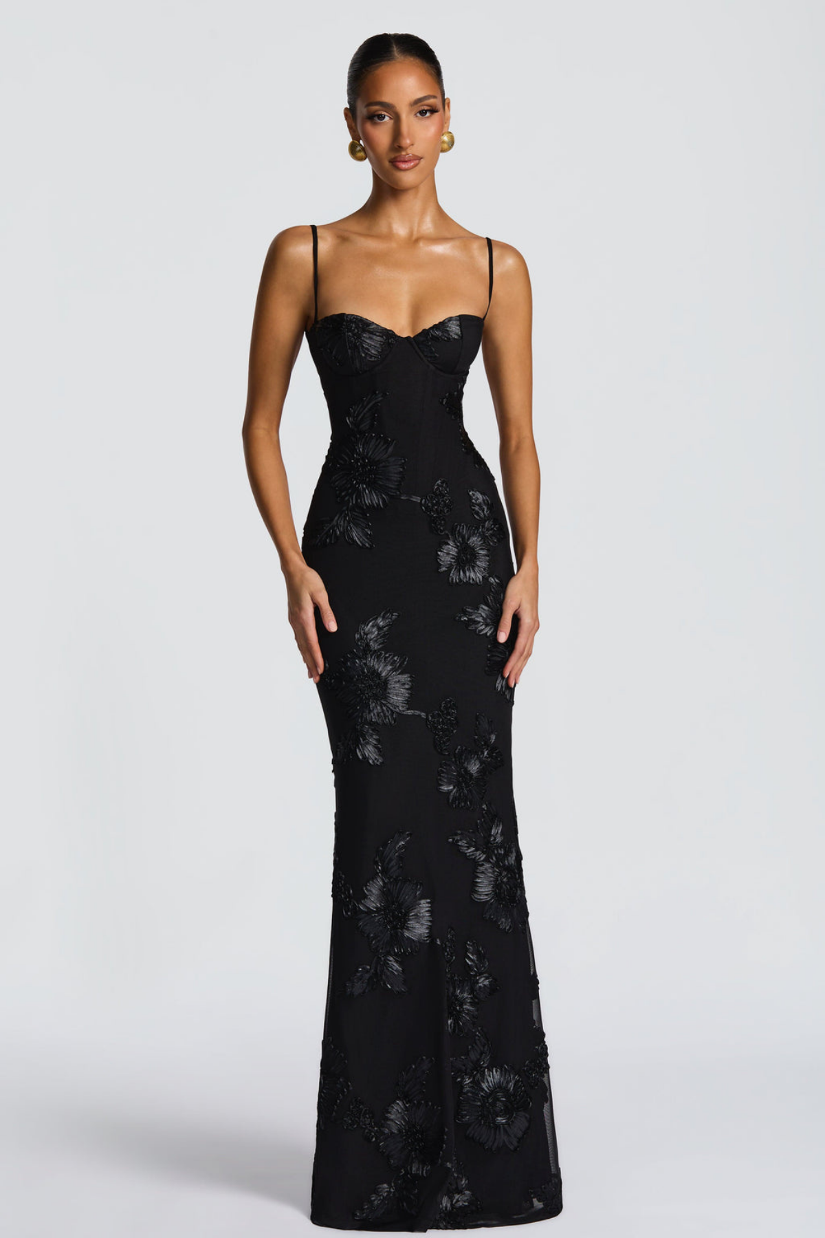 Damen Maxikleid figurbetont Blumenstickerei Spaghettiträger - Image 7