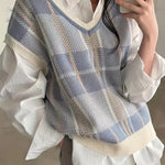 Pull sans manches en maille pour femme à col en V et motif argyle