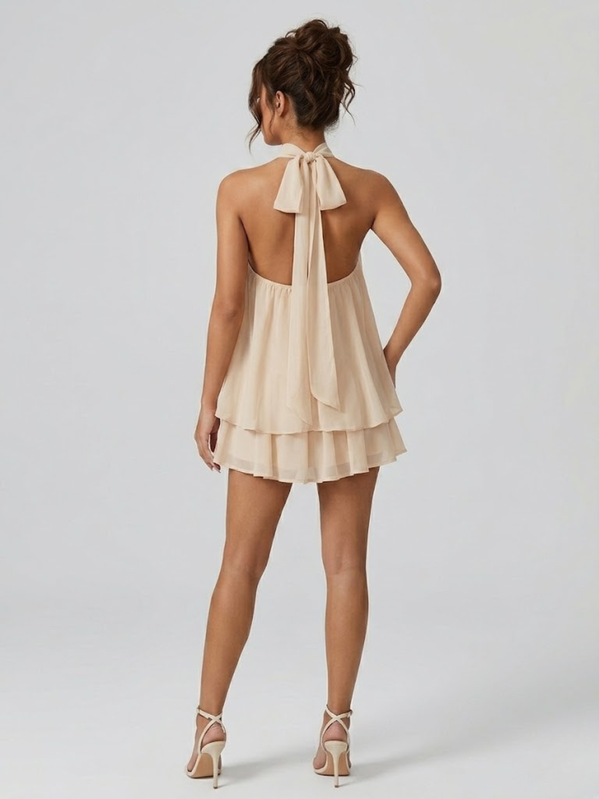 Damen Minikleid Neckholder Rückenfrei Stufenrüschen - Image 2