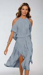 Damen Midikleid Schulterfrei Asymmetrischer Saum - Image 2