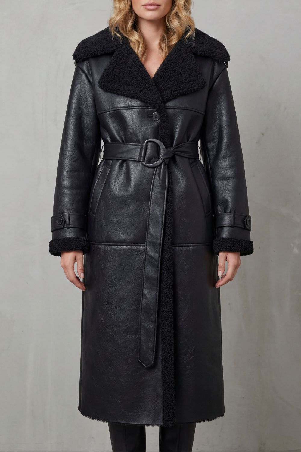 Damen Oversized Lammfellmantel Shearling Gürtel Schwarz