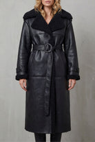 Damen Oversized Lammfellmantel Shearling Gürtel Schwarz