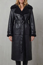 Damen Oversized Lammfellmantel Shearling Gürtel Schwarz