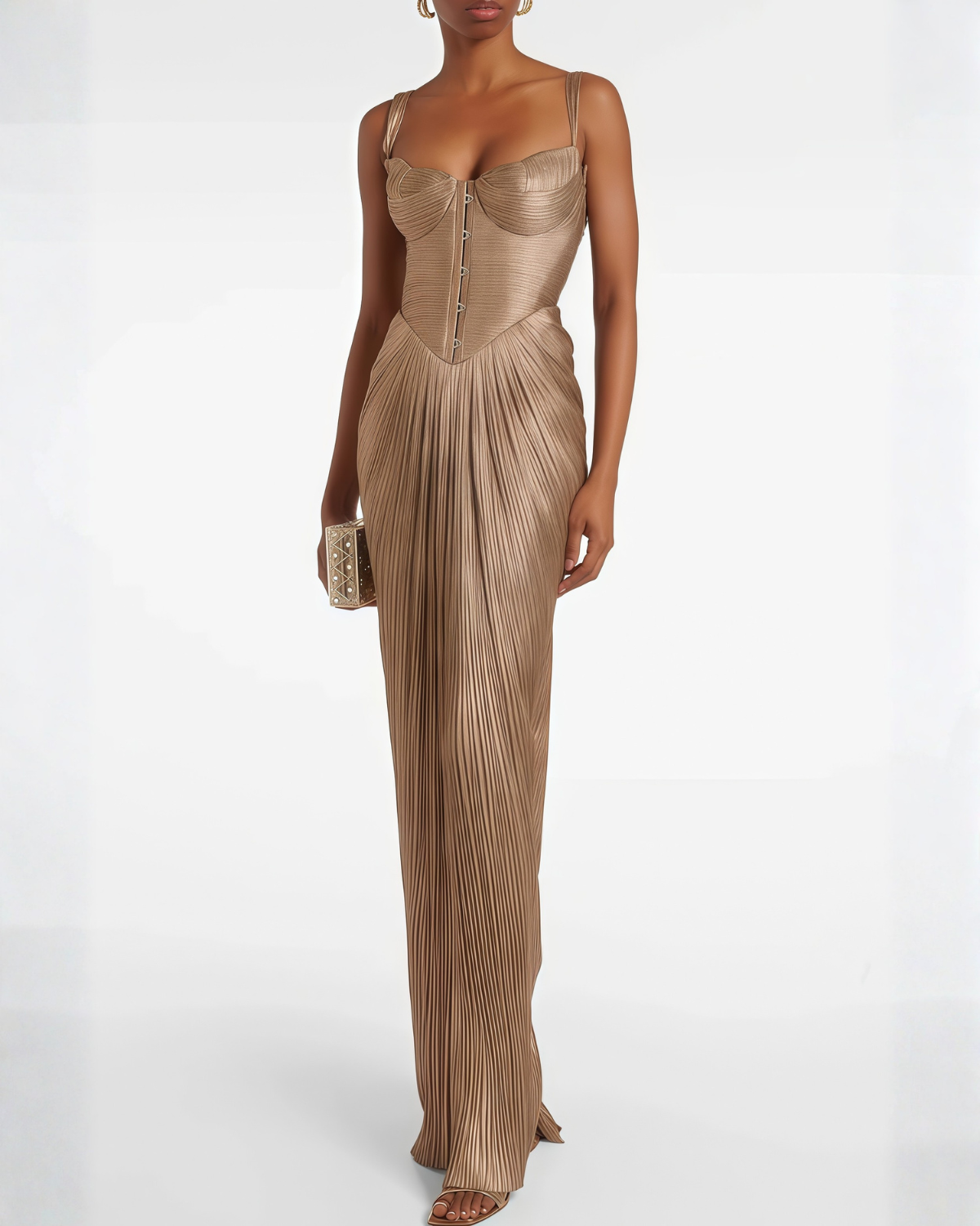 Damen Goldenes Maxikleid Korsett Plissee Drapiert - Image 2
