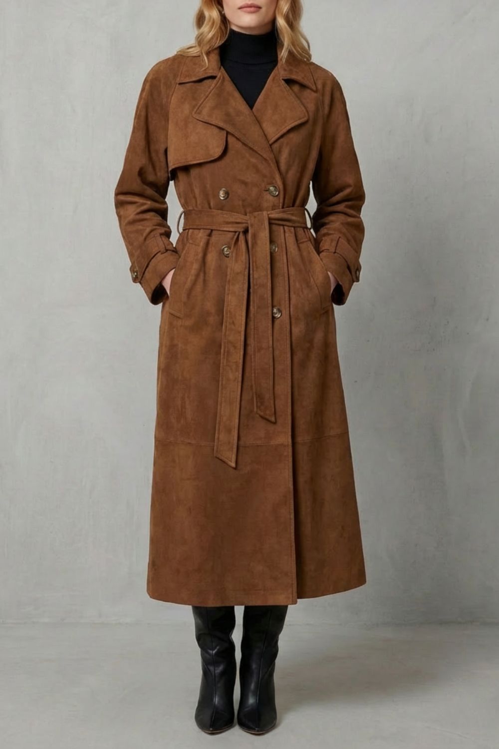 Damen Wildlederoptik Trenchcoat Tailliert Braun