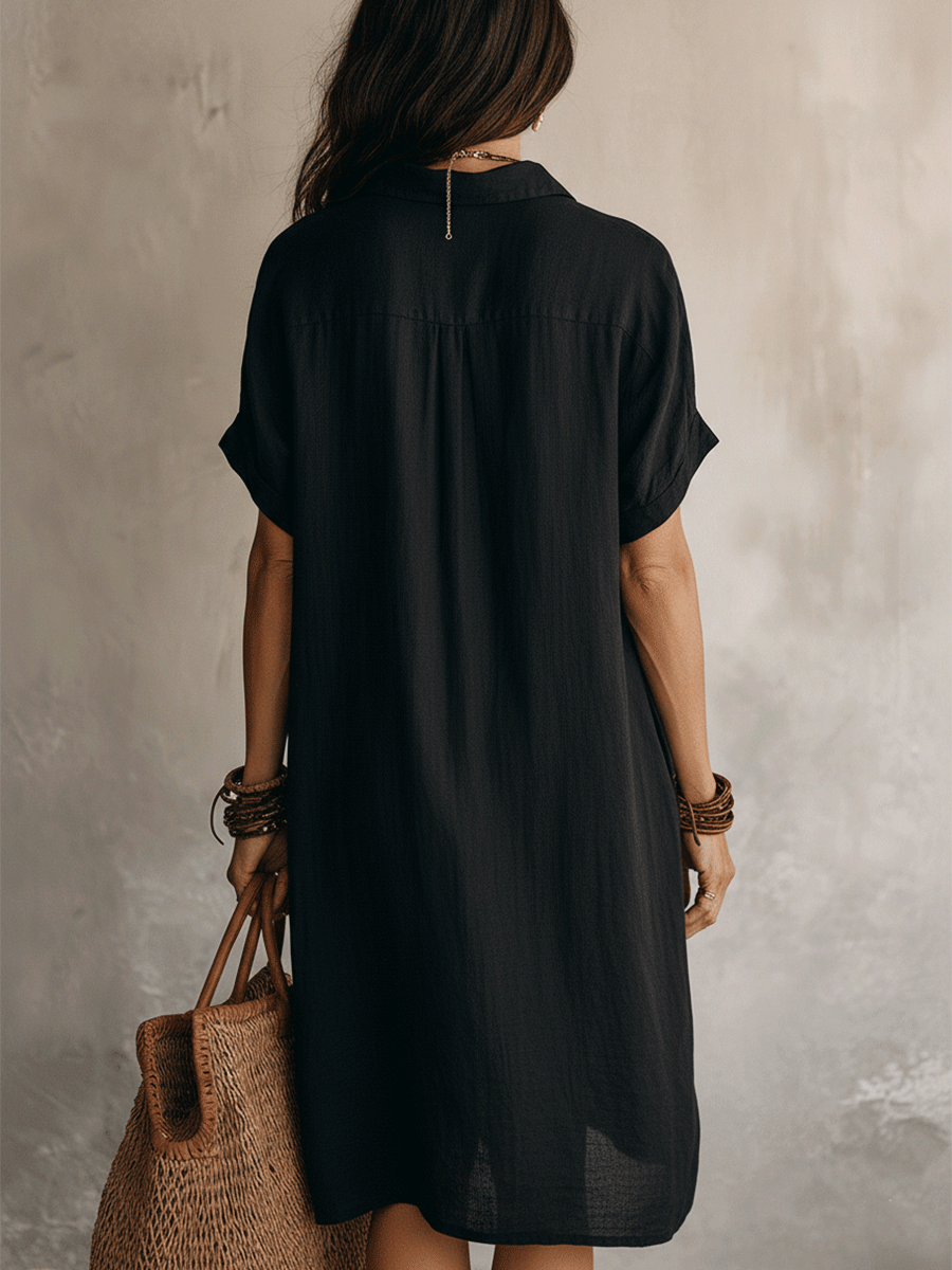 Damen Leinen Baumwolle Hemdblusenkleid Midi Kurzarm - Image 5