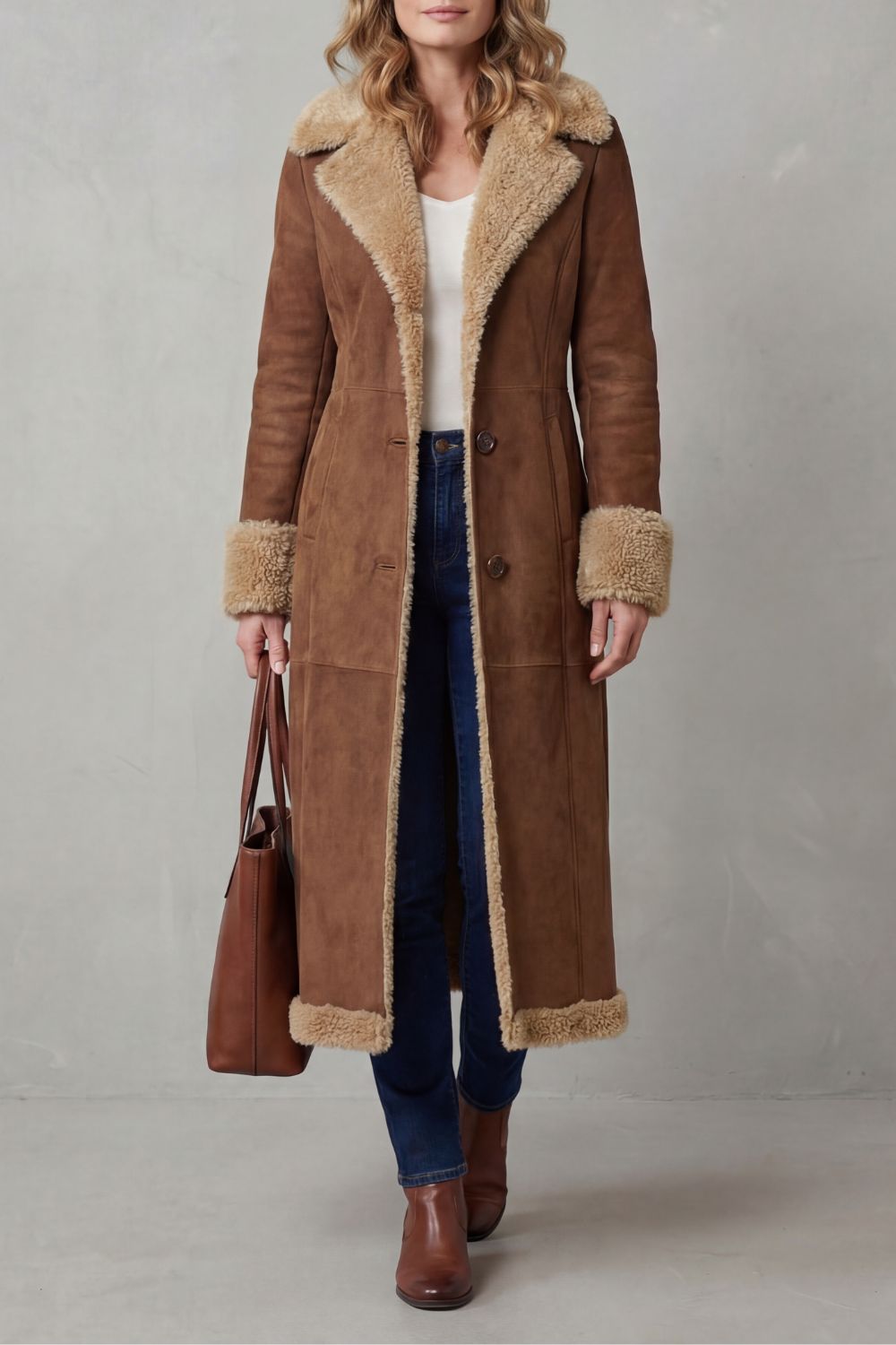 Damen Langer Wintermantel Shearling Wildlederoptik