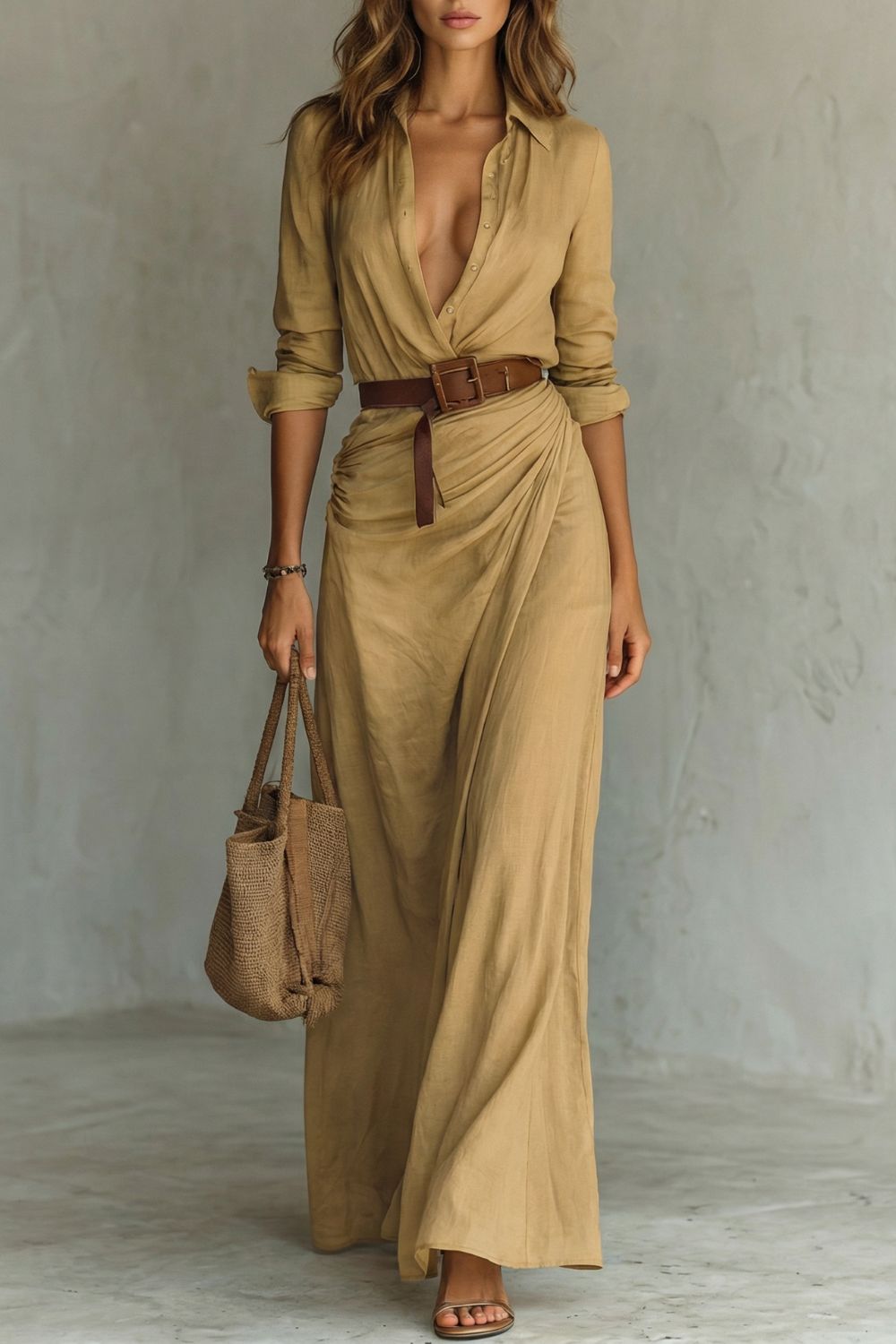 Damen Maxikleid mit Knopfleiste Wickelkleid lang Gürtel