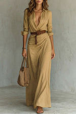 Vestido maxi de senhora com botões, vestido comprido de corte envelope com cinto