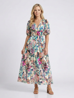 Jasmine - Midi Kleid mit V Ausschnitt kurzen Ärmeln und geraffter Taille
