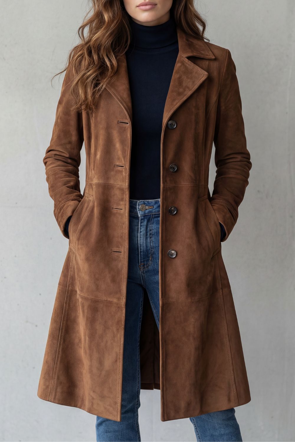 Damen Longline Mantel Wildleder Optik Vintage