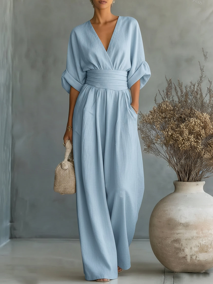 Women Flowy V Neck Wide Leg Jumpsuit - Image 2