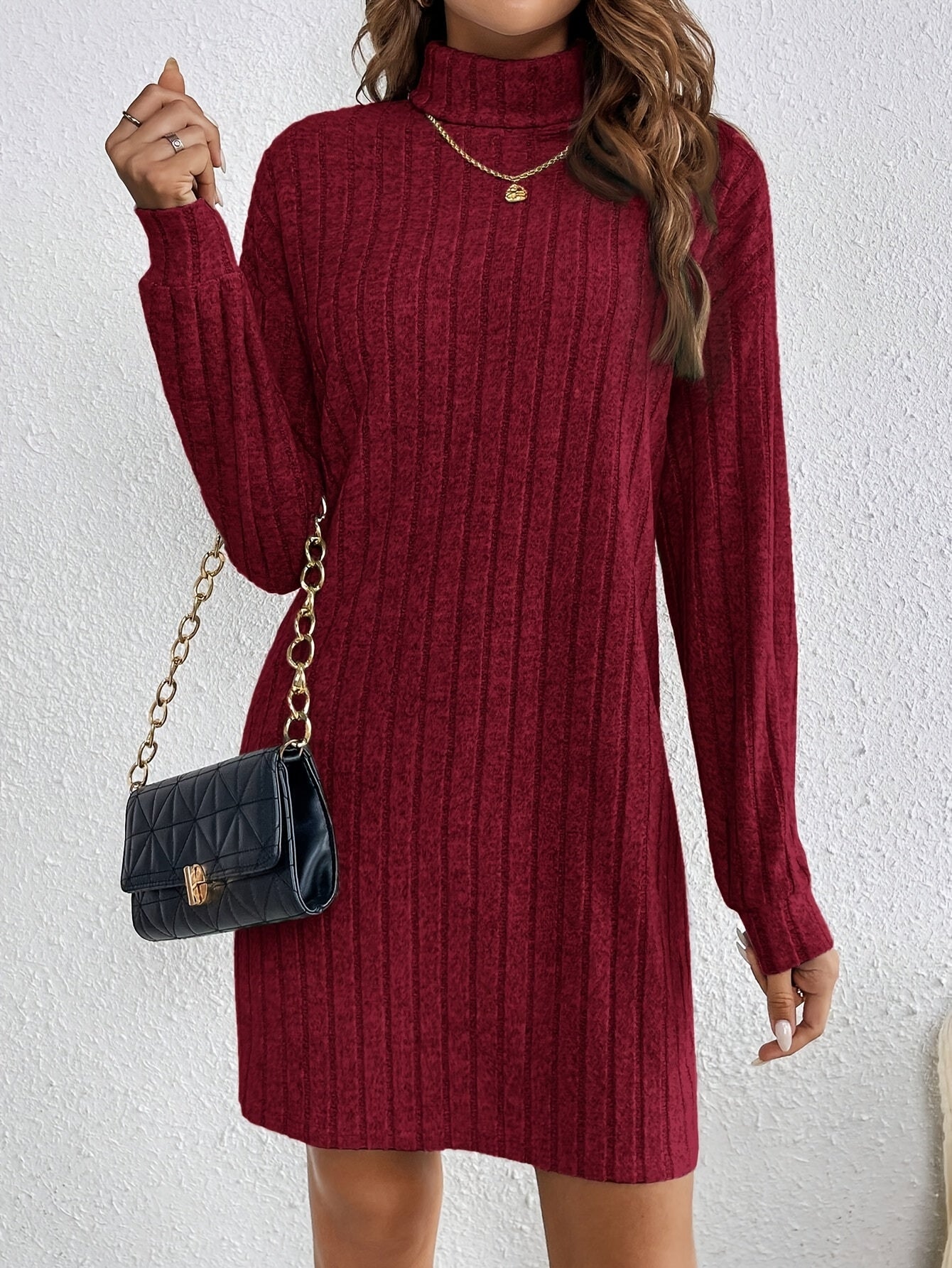 Damen Strickkleid gerippt Pulloverkleid Midi Langarm Winter - Image 24
