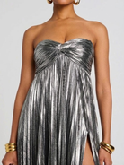 Damen Abendkleid lang Plissee Metallisch Bustier Schlitz - Image 13