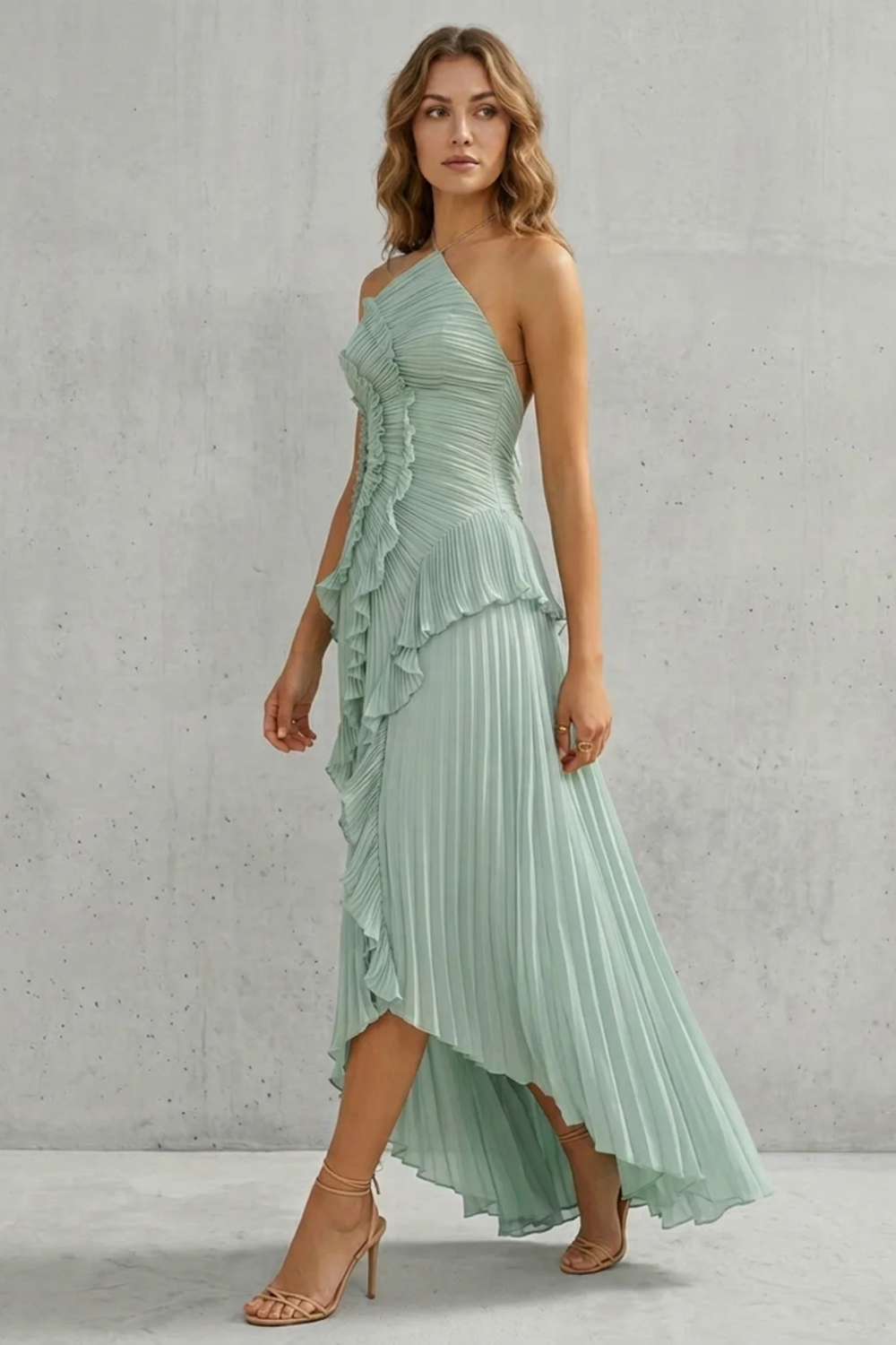 Damen Midi Kleid One-Shoulder Plissee - Image 21