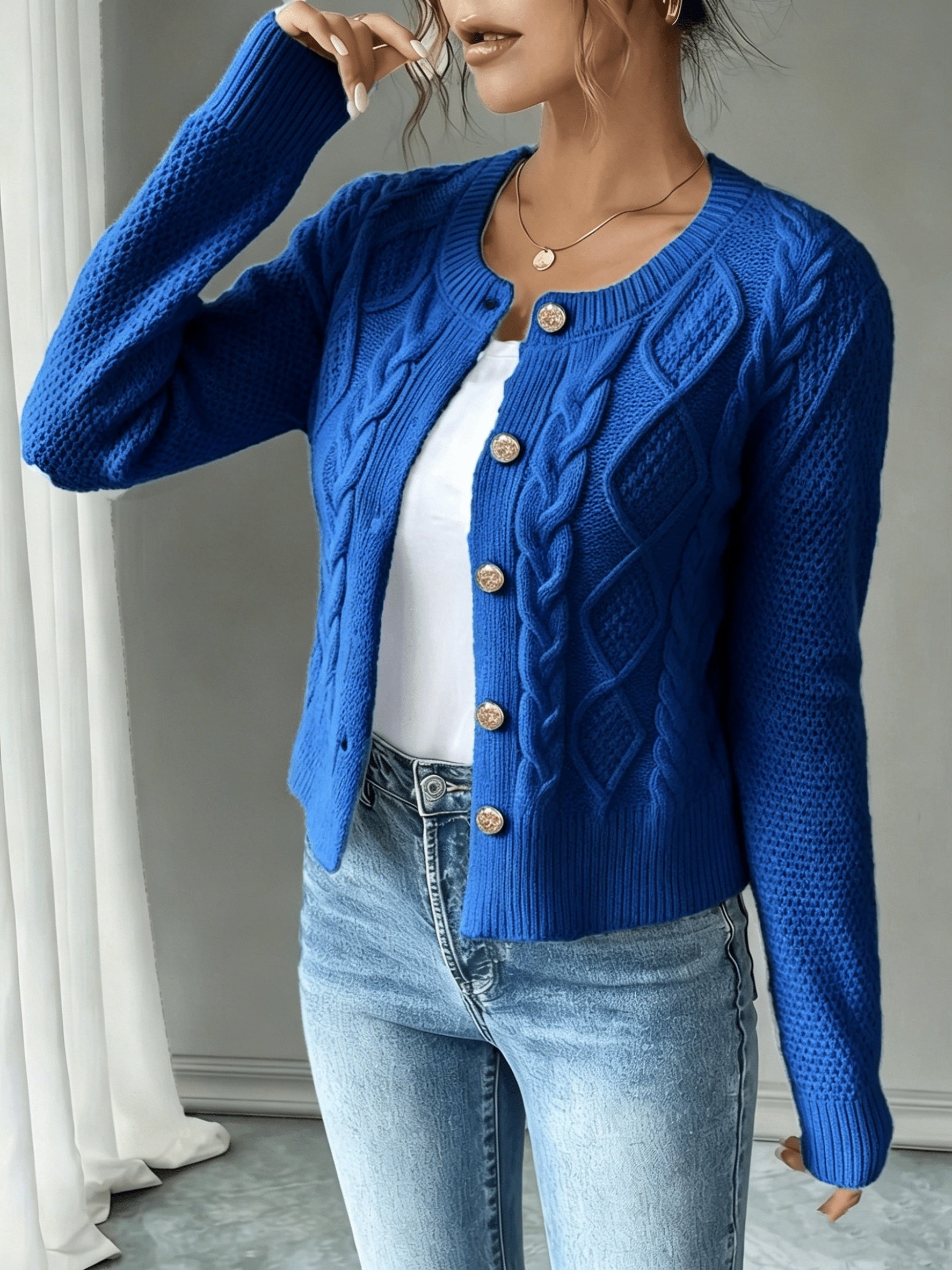 Damen Kabelstrick Strickjacke Knöpfe - Image 39