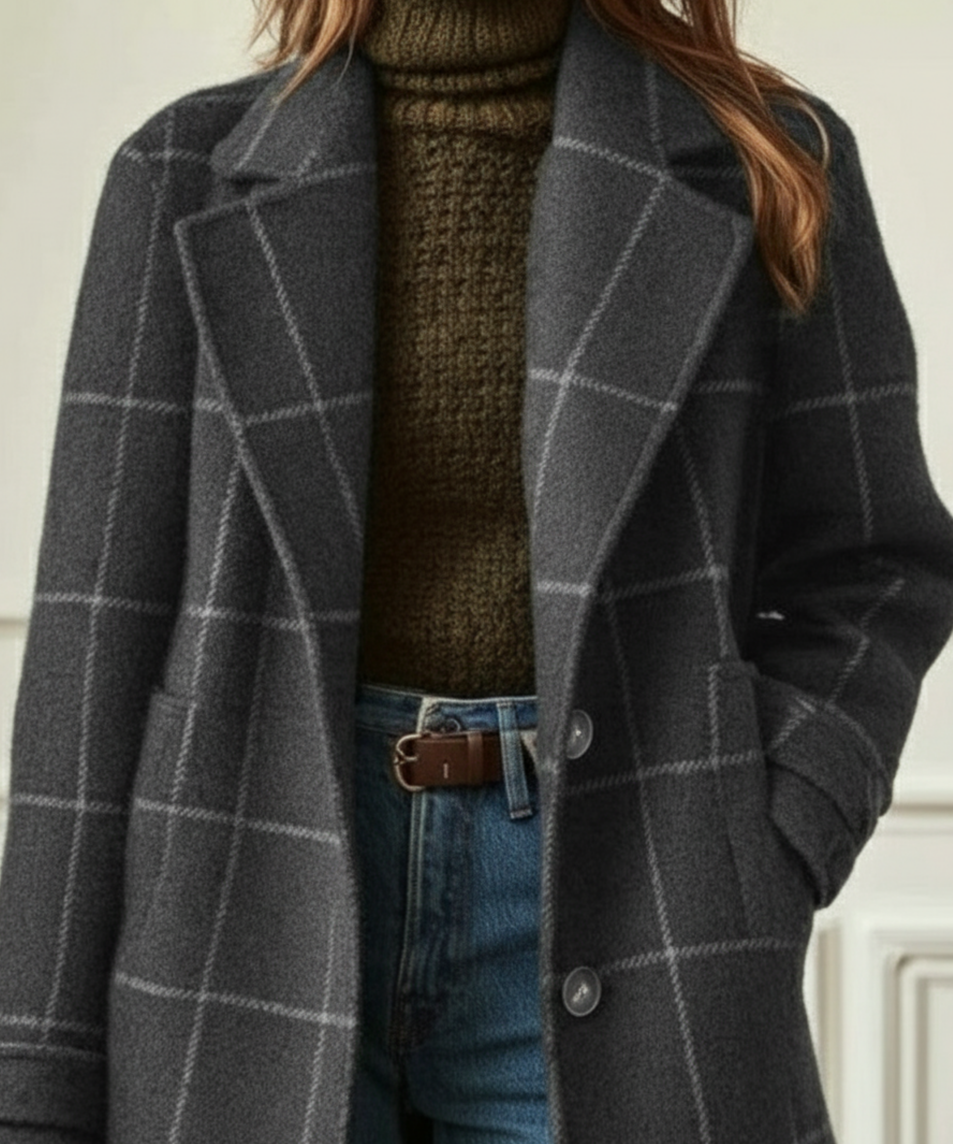 Damen Tweed Wollmantel Kariert Retro - Image 5