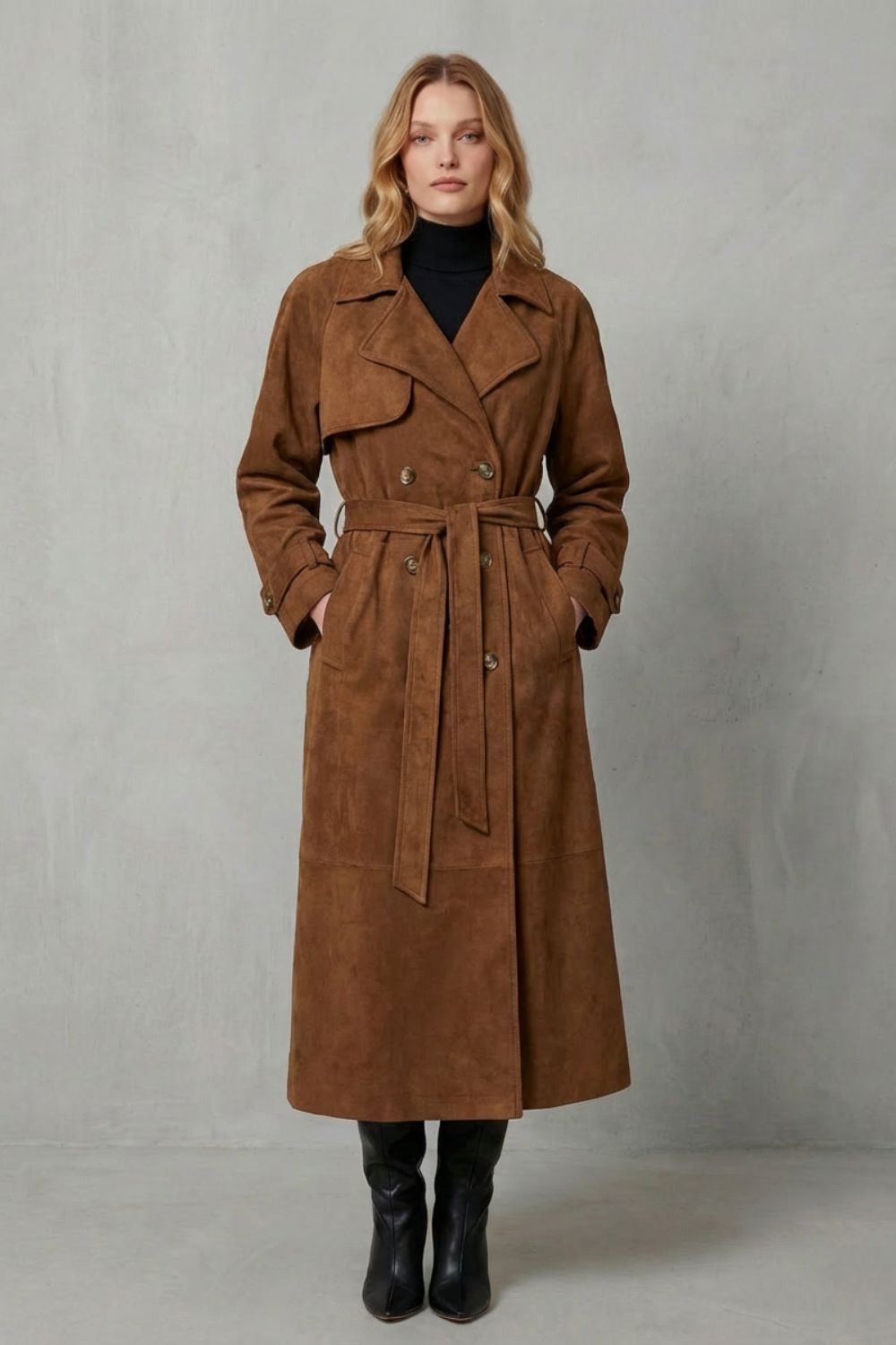 Damen Wildlederoptik Trenchcoat Tailliert Braun - Image 2