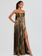 Damen Abendkleid lang Plissee Metallisch Bustier Schlitz - Image 7