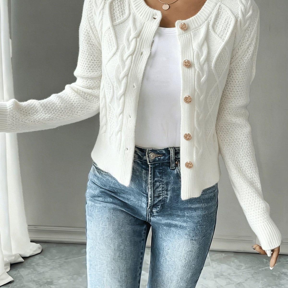 Damen Kabelstrick Strickjacke Knöpfe - Image 30