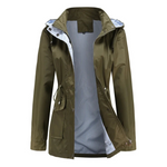 Trench coat impermeável comprido para mulher, com capuz